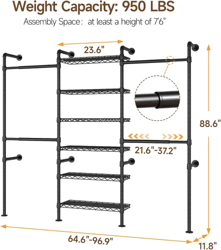 Vista 2 de ONBRILL H3 - Sistema de armario expandible para montaje en pared, organizador de armario de 5.4 pies a 8.1 pies con 4 varillas telescópicas y 6 Negro