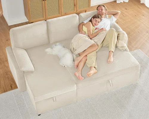Vista 6 de AMERLIFE Sofá cama, sofá cama 2 en 1 con diván de almacenamiento, sofá extraíble para sala de estar de apartamento, color beige lino