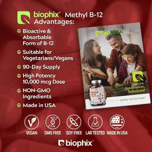 Vista 6 de biophix Metil B-12 10000 mcg 90 pastillas veganas sabor cereza extra fuerte - Apoya el sistema nervioso salud inmune metabolismo flujo sanguíneo