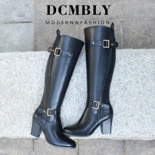 Vista 5 de DCMBLY Women's Knee High Boots Chunky Heel Pointed Toe Knee High Boots with Elastic Calf
