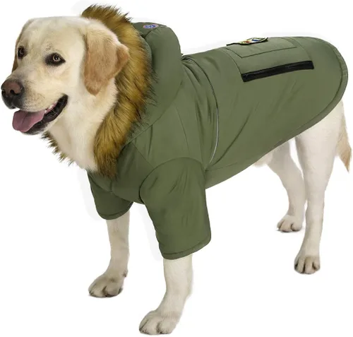 Vista 2 de Chaqueta grande con capucha para perro, impermeable, ropa cálida reflectante para perros, ropa gruesa acolchada para perros medianos y grandes