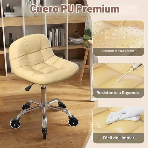 Vista 4 de Taburete enrollable con ruedas, taburete ajustable en altura con soporte para la espalda, silla de dibujo de oficina con cojín de piel sintética