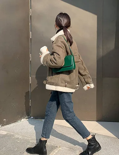 Vista 6 de DBM - Chaqueta de piel de cordero para mujer con cremallera en contraste