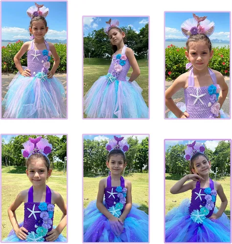 Vista 4 de Davsolly Little Girls Mermaid Costume Mermaid Birthday Dress for Halloween Cosplay Party Dress Up with Mermaid Shell Headband
