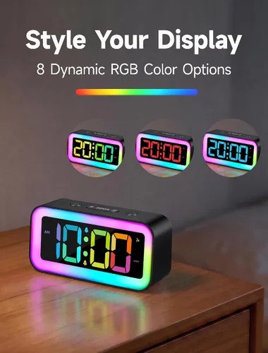 Vista 3 de Cadmos Reloj despertador fuerte para dormitorios con luz nocturna RGB dinámica, para adultos que duermen profundamente, doble alarma, atenuador