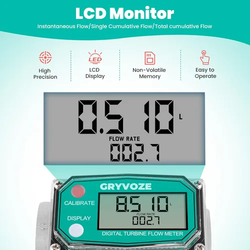 Vista 5 de Medidor de flujo de combustible de turbina digital de 1 pulgada, medidor de flujo de rosca NPT en línea de 2.6-26 GPM con adaptadores de 3/4