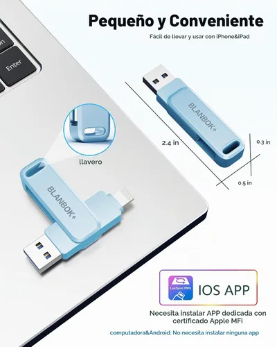 Vista 7 de Unidad flash de 256 GB con certificación MFi para iPhone Photo Stick, memoria USB iPhone para fotos y videos, almacenamiento externo de alta Azul