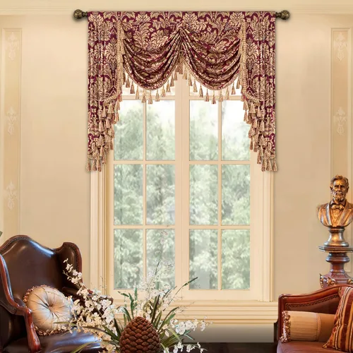 Vista 12 de Loom and Mill Cenefa de cascada de lujo de jacquard para sala de estar, elegantes cenefas de ventana con festones y cuentas damascadas, cortinas