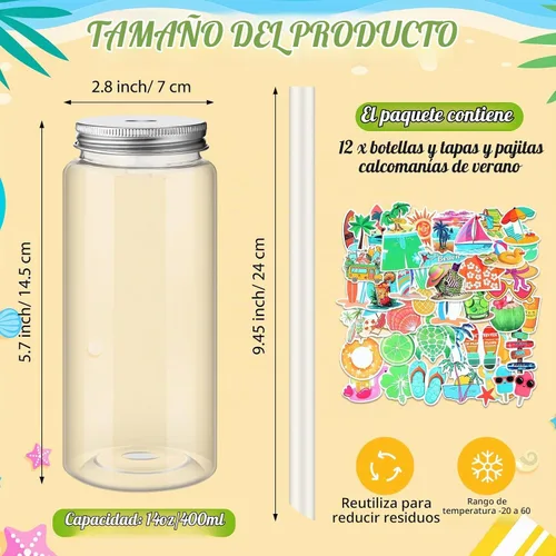 Vista 2 de Jingmore 12 botellas de plástico de 14 onzas con tapas para pajitas, vasos transparentes y reutilizables y calcomanías de verano para agua, té