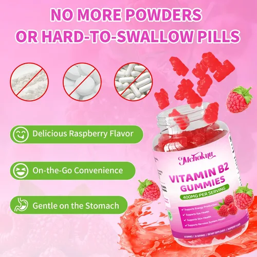 Vista 6 de Gomitas de vitamina B2 Riboflavina de 400 mg con magnesio para niños y adultos, alivio de la migraña, alivio del dolor de cabeza y apoyo del sistema