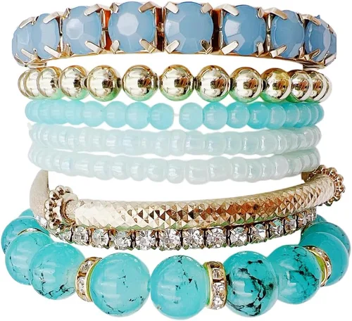 Vista 6 de Pingyongchang - Juego de pulseras apilables de múltiples capas estilo bohemio con cuentas de cristal para mujer, hechas a mano, con cuentas doradas
