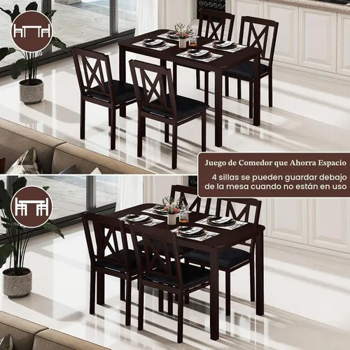 Vista 6 de GIANTEX - Juego de mesa de comedor de 5 piezas para 4, mesa de cocina rectangular de 47 pulgadas y 4 sillas con patas de madera de goma, asiento