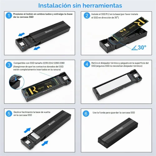 Vista 6 de Carcasa SSD M.2 portátil USB3.1 Tipo-C 10Gps SSD, compatible con NVMe/SATA Dos protocolos, adecuado para MacBook SSD Gen 2 (10 Gbps) a NVMe PCI-E