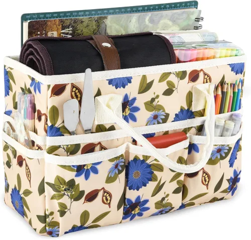 Vista 12 de Bolsa de mano organizadora de manualidades con múltiples bolsillos, gran caddy de almacenamiento de arte con asas para arte, manualidades, costura