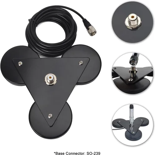 Vista 3 de SO239 - Base magnética de montaje de antena con imanes triples W/5M (16.4 pies) RG-58 Cable PL-259 Enchufe, para antena de radio de jamón móvil
