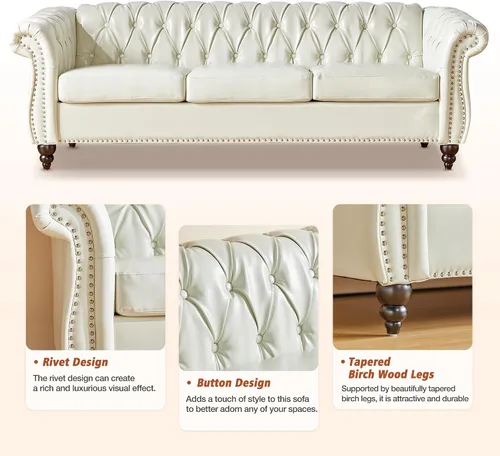 Vista 4 de QHITTY Juego de 3 piezas para sala de estar, Sofá Seccional Chesterfield Silla Contemporáneo Tapizado Cuero Artificial Loveseat Juegos de Sofás