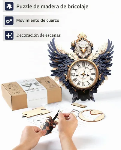 Vista 3 de Rompecabezas de madera 3D para adultos, kit de modelo de reloj de águila calva con péndulo, rompecabezas 3D para adultos, kit de reloj de pared DIY