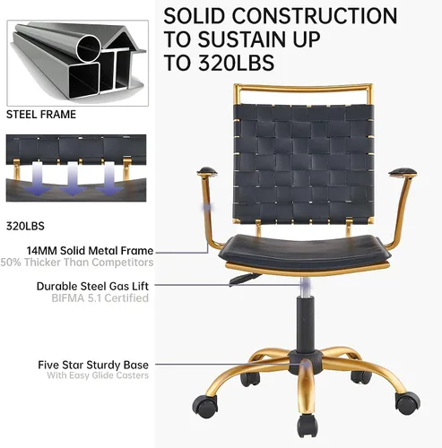 Vista 5 de Silla de oficina moderna de cuero, color dorado y negro, bonita silla de conferencias con respaldo medio con ruedas y brazos, cómoda silla giratoria