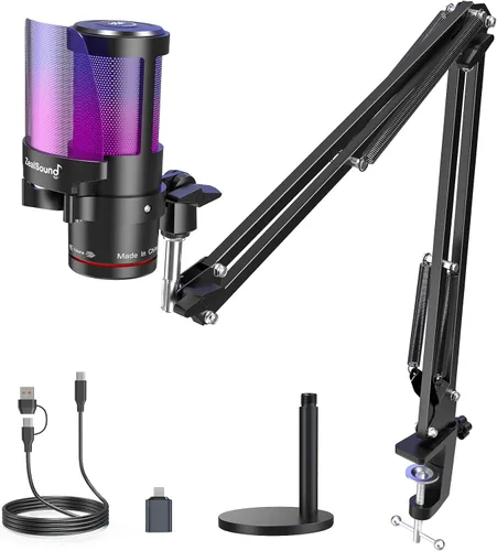 Vista 8 de ZealSound Micrófono de podcast con brazo de brazo, micrófono USB con reducción de ruido, silencio, eco y control de volumen, monitoreo de latencia