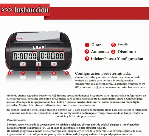 Vista 3 de LEAP Reloj de Ajedrez Digital, Temporizador de Ajedrez Profesional para Jugadores de Juegos de Mesa, Cuenta Regresiva/Progresiva con Función
