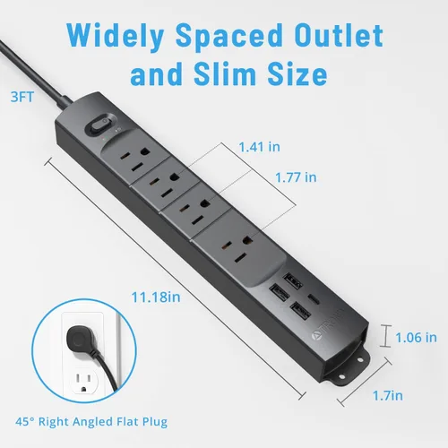 Vista 7 de TROND Regleta de protección contra sobretensiones con USB, enchufe plano ultrafino, cable de extensión de 3 pies de 1625 W, 3 USB A y 1 tipo C, 4