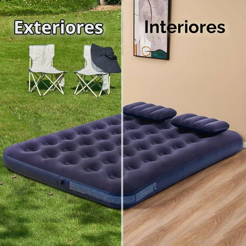 Vista 3 de Colchón inflable de tamaño matrimonial con bomba y almohadas, colchón inflable para camping y hogar