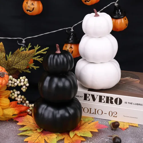 Vista 3 de Gresorth Juego de 2 calabazas artificiales apiladas blancas y negras para pintar, decoración artificial de Halloween, otoño, para el hogar, fiesta