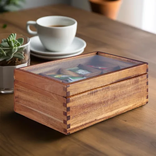 Vista 7 de KITEISCAT Caja organizadora de té de madera de acacia, 8 compartimentos, solución de almacenamiento multifuncional para bolsitas de té