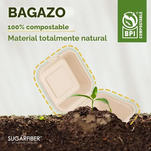 Vista 5 de Harvest Pack - Contenedores compostables de 6 x 6 pulgadas (paquete de 50), caja Bento de 4 pulgadas sin PFAS con certificación BPI para tartas