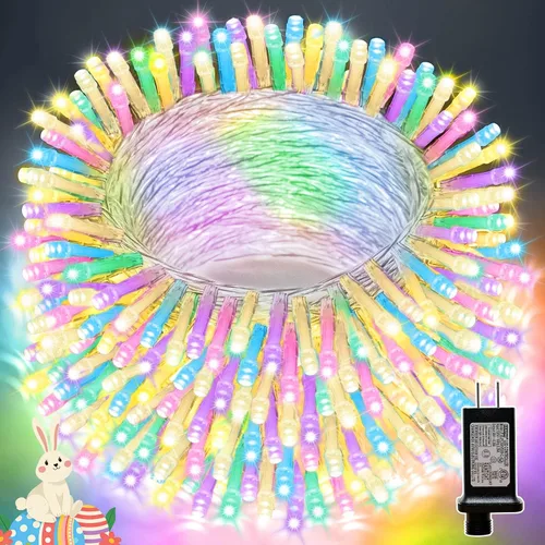 Vista 28 de Guirnalda de 100 luces LED de Pascua de 33 pies enchufables, multicolor pastel, 16 modos de luces parpadeantes, guirnalda de luces impermeables