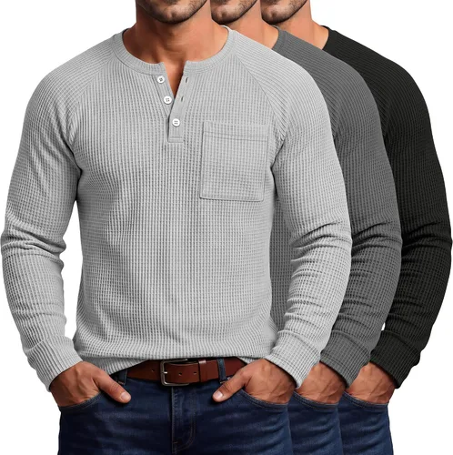 Vista 8 de August Alley Paquete de 3 camisas Henley tipo gofre grandes y altas