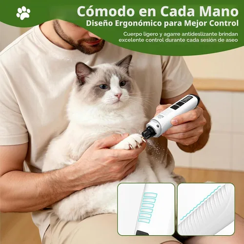 Vista 8 de Molinillo de uñas para perro, 4 velocidades, recargable, silencioso, eléctrico, recortador de uñas para mascotas con luces LED duales, protector