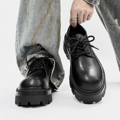 Vista 2 de Zapatos Oxford de plataforma de cuero para hombre, puntera grande, con cordones, antideslizantes, para realzar la altura, suela clásica, retro