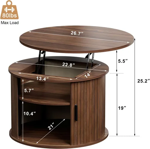 Vista 2 de FABATO Mesa de centro redonda con parte superior elevada, mesa de café con acento de madera estriada con almacenamiento oculto y estantes abiertos