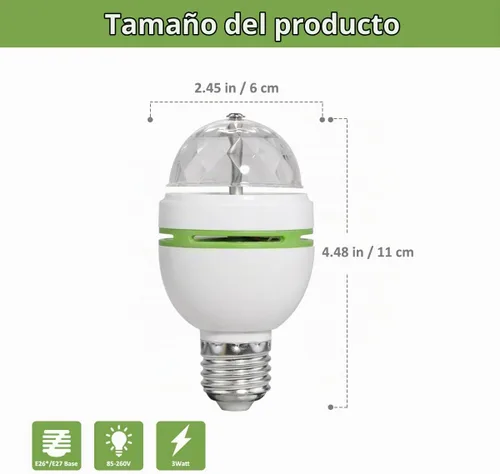 Vista 7 de Bombilla LED de bola, 3W E27, RGB, cristal giratorio, luz de escenario, con rotación automática por voz (1 unidad)