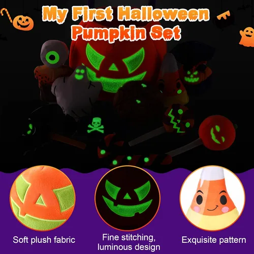 Vista 4 de Liliful Juego de 11 piezas de juguetes de calabaza de Halloween, animales de peluche que brillan en la oscuridad, cesta grande de calabaza de felpa