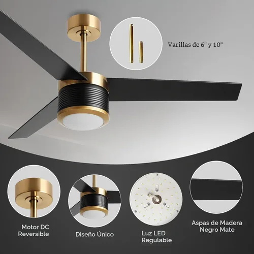 Vista 2 de reiga Ventilador de techo moderno de 52 pulgadas con luz, 3 aspas, motor CC negro y dorado, ventiladores de techo de madera, compatible con control