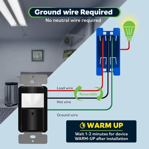 Vista 2 de TOPGREENER Interruptor de sensor de movimiento PIR, detector de nivel de luz ambiental, no requiere neutro, 5A, 150W LED/CFL, 1/6 HP, modos