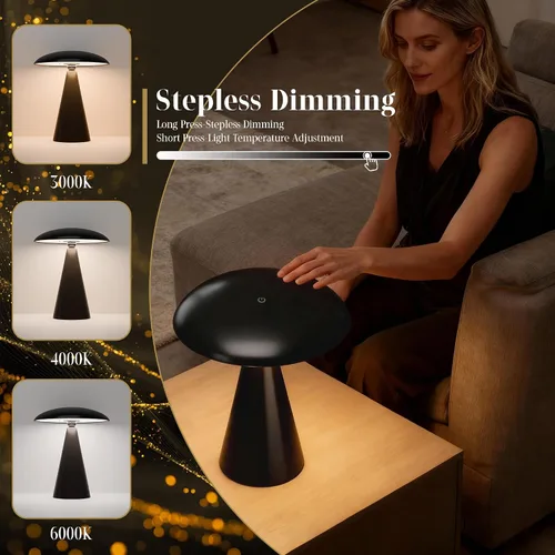 Vista 4 de Linda lámpara estética de hongos, moderna lámpara magnética de mediados de siglo con iluminación de 3 modos para decoración única de hongos del Negro