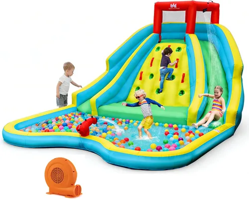 Vista 9 de BOUNTECH Parque inflable de tobogán acuático con dinosaurio, parque acuático de toboganes dobles con pared de escalada, castillo animoso