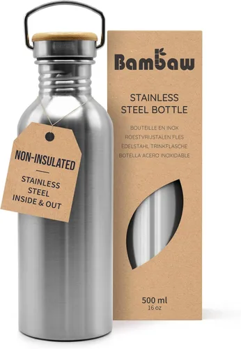 Vista 14 de Bambaw Botella de agua de acero inoxidable de 16 onzas, botella deportiva azul marino, no aislada, de pared simple, botella de agua pequeña de metal