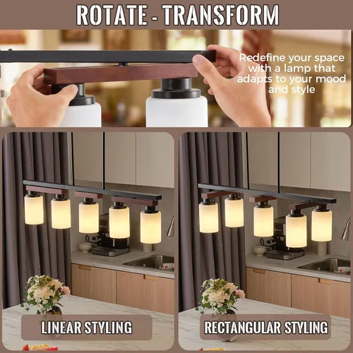 Vista 2 de Iluminación de isla de cocina de 5 luces y accesorios de luz de comedor de granja sobre mesa, colgante de techo rústico ajustable colgante lineal