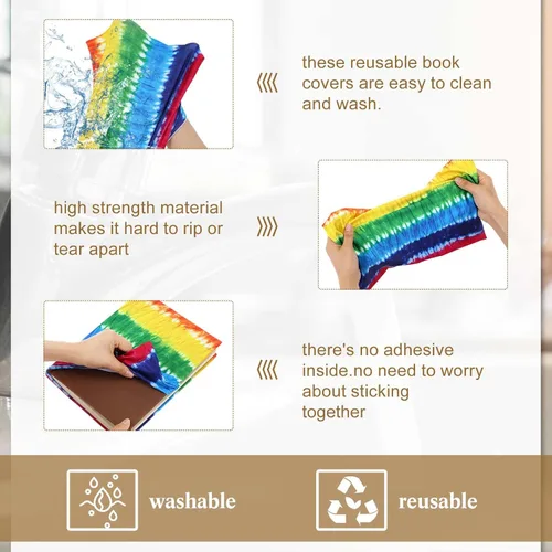 Vista 5 de Teling Paquete de 9 fundas elásticas para libros, fundas de tela jumbo para libros de texto de tapa dura, reutilizables, lavables, suministros