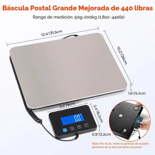 Vista 2 de MUNBYN Báscula de envío, báscula postal digital de 440 lb/1.8 oz para paquetes con función de retención/tara, LCD retroiluminado, batería y cable