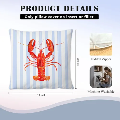 Vista 6 de Fundas de almohada costeras de langosta, fundas de almohada náuticas de langosta roja de Nueva Inglaterra con rayas azules y blancas para casa