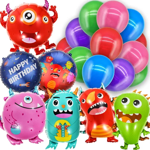 Vista 3 de Suministros de fiesta de monstruos, decoraciones de cumpleaños de monstruo: globos de monstruo, platos de papel, servilletas, tazas, cupcakes