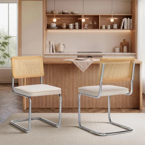 Vista 3 de Upholstered Velvet Dining Chairs Set of 2, Mid Century Modern Armless Upholstered Dining Chair with Rattan Back Stainless Chrome Frame for Dining