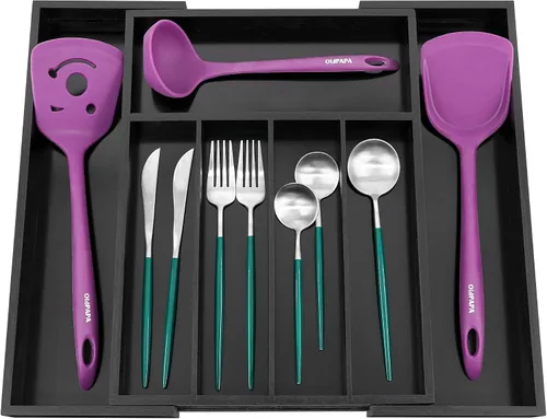 Vista 7 de Utoplike Organizador de cajones de cubiertos de bambú, organizador de cajones de utensilios de cocina expandibles, separadores de bandeja de Negro