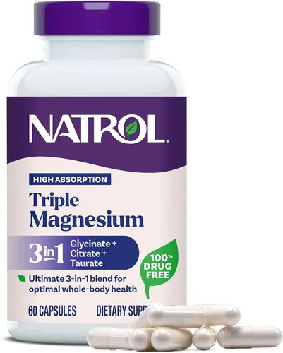 Natrol Suplemento triple complejo de magnesio, glicinato, citrato y taurato de 200 mg de alta absorción, apoya el bienestar de todo el cuerpo, 60
