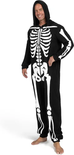 Vista 3 de Spooktacular Creations Disfraz de esqueleto para adultos, para hombre, que brilla en la oscuridad, pijama con capucha, ropa de dormir